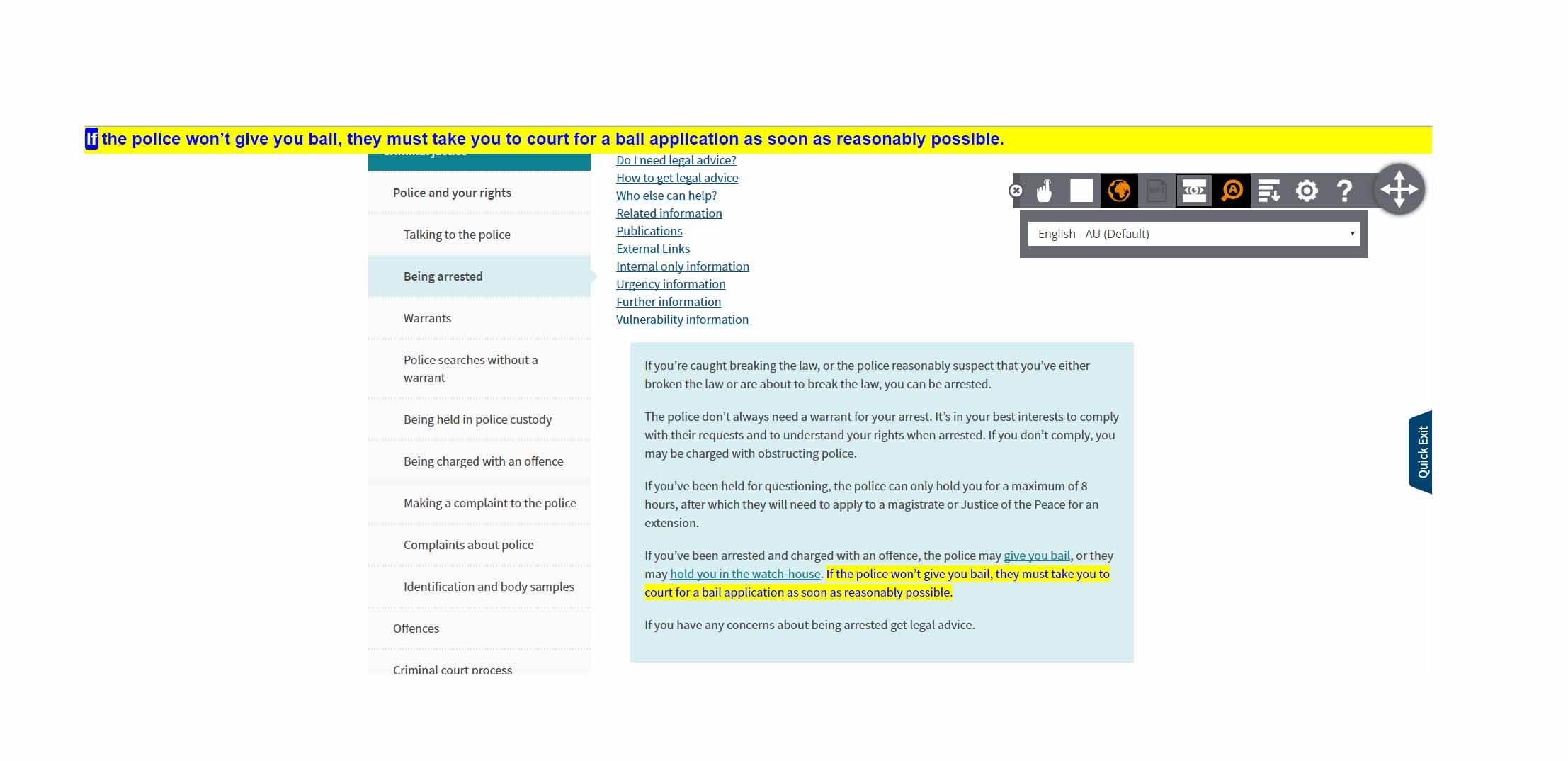 Figure 17: Magnifying text using Browsealoud